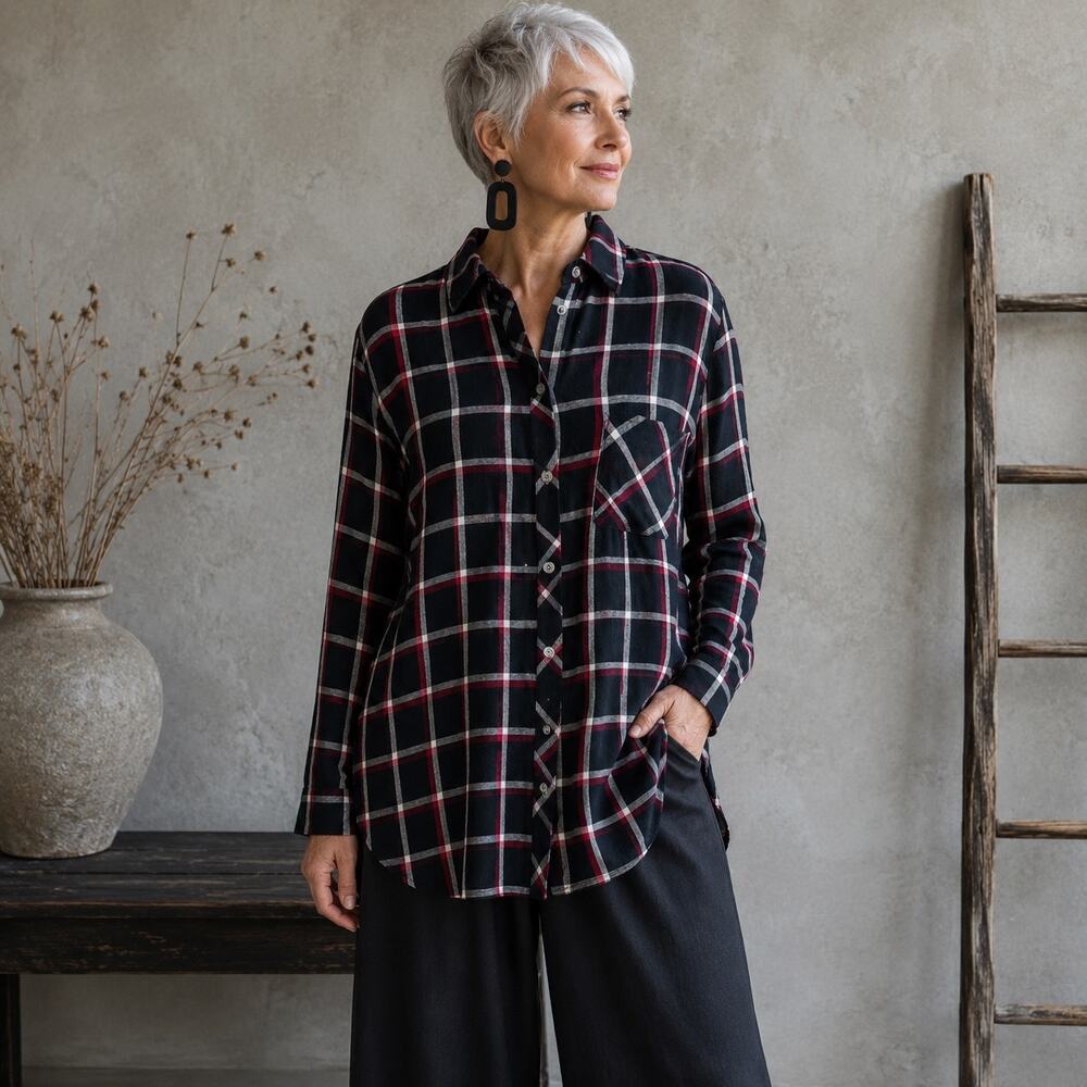 J JIll Red Black Plaid Button Down Tunic Large Petite
